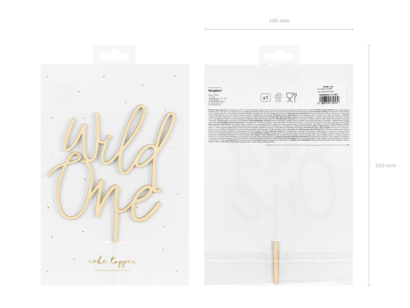 Conjunto de decoração para bolo 'wild One' dourado em embalagem branca com pontos dourados.