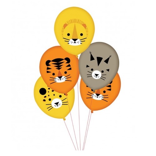Balões coloridos com rostos de animais selvagens desenhados.