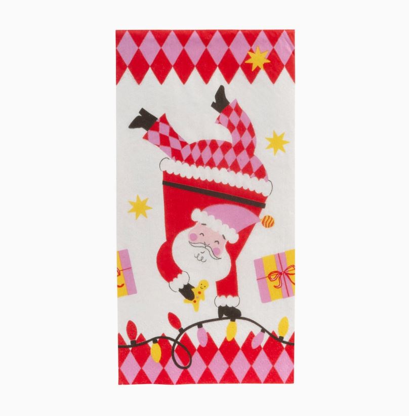 Toalha decorativa com Pai Natal invertido e motivos natalícios coloridos