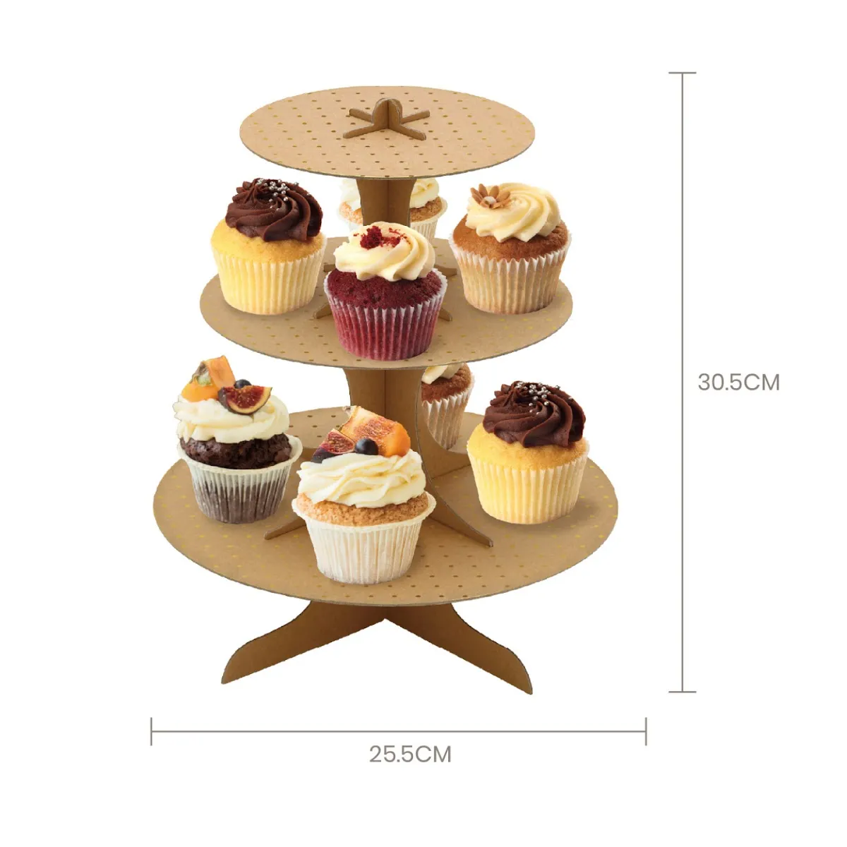 Expositor de bolos castanho de papel/cartão com cupcakes decorados