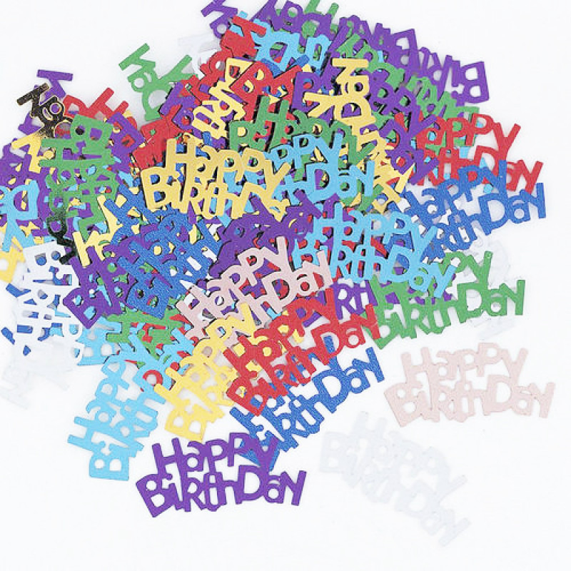 Confetes coloridos com a frase HAPPY BIRTHDAY