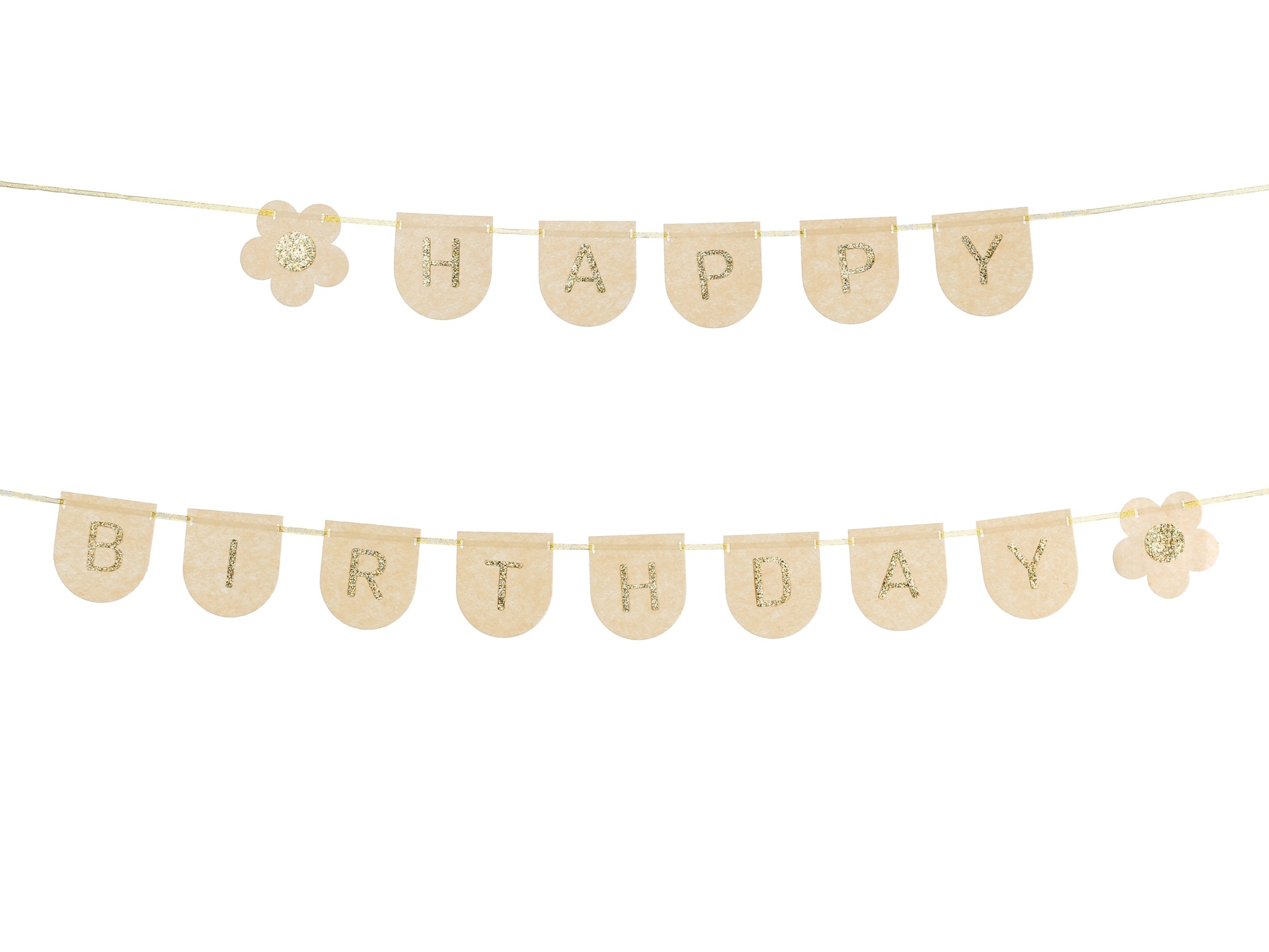 Guirlanda decorativa HAPPY BIRTHDAY em papel bege com letras douradas