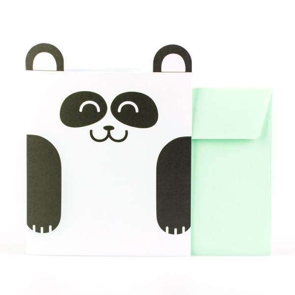 Sacola de papel com desenho de panda e envelope verde claro