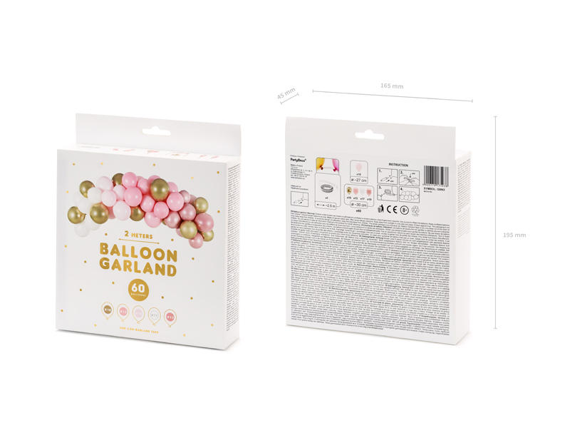 Embalagem de arco de balões com balões coloridos em rosa, branco, dourado e verde