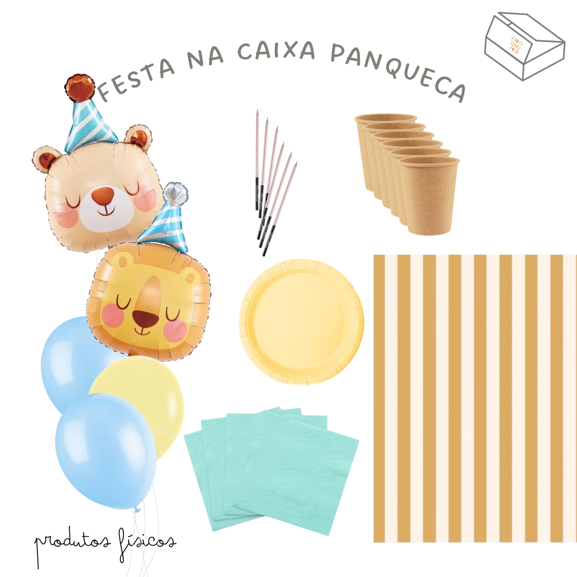 Conjunto de festa com balões de urso, velas, copos de papel, prato, guardanapos e toalha listrada