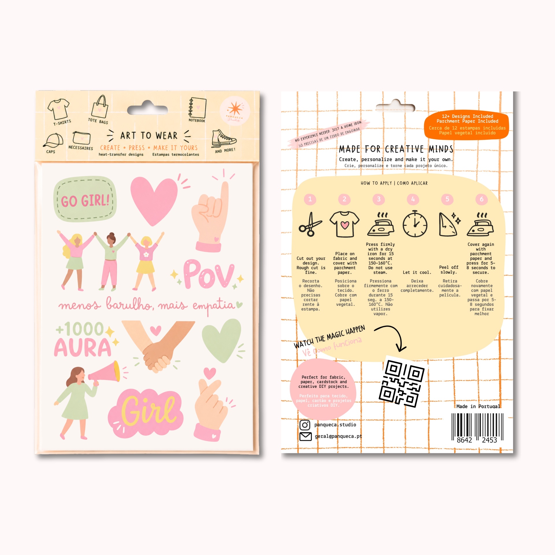 Estampas termocolantes coloridas com desenhos de mãos e corações com embalagem creme e instruções