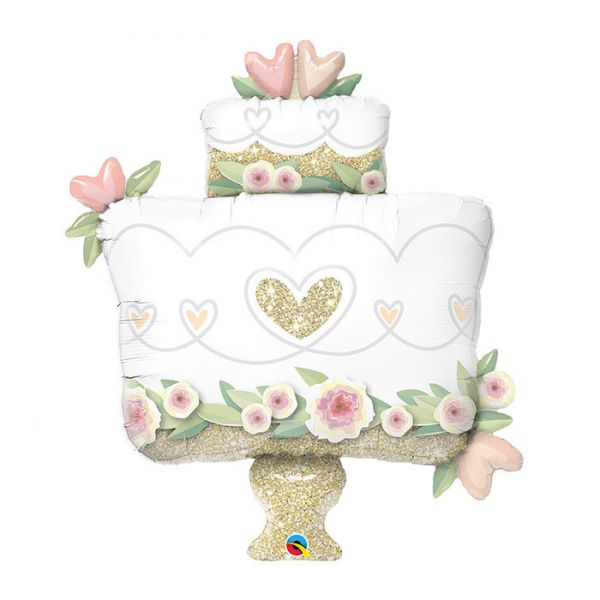 Balão formato bolo de casamento branco e dourado com flores e corações rosa