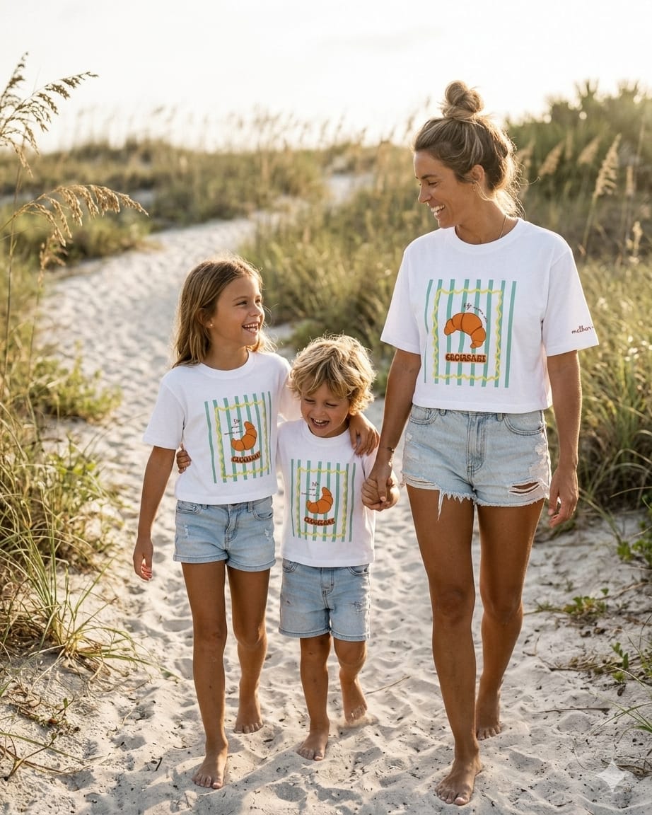 Mulher e duas crianças com t-shirts brancas com croissant, calções jeans e descalços na praia