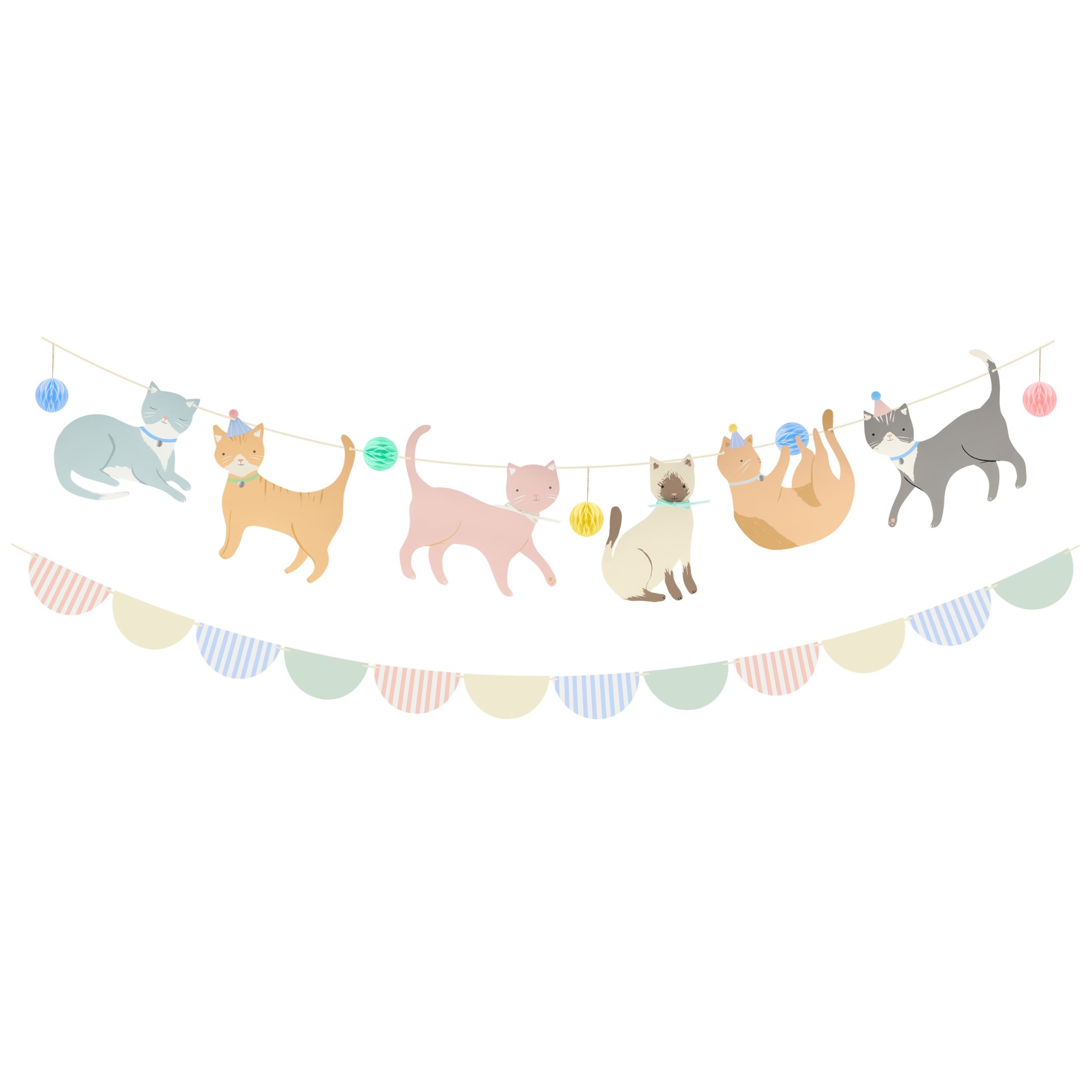 Ilustração de seis gatos coloridos pendurados numa corda decorativa com bolas e bandeirolas
