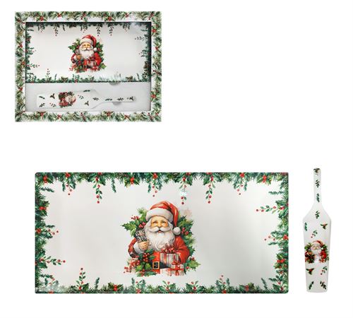 Conjunto de mesa festivo com desenho de Pai Natal e folhas verdes com bagas vermelhas