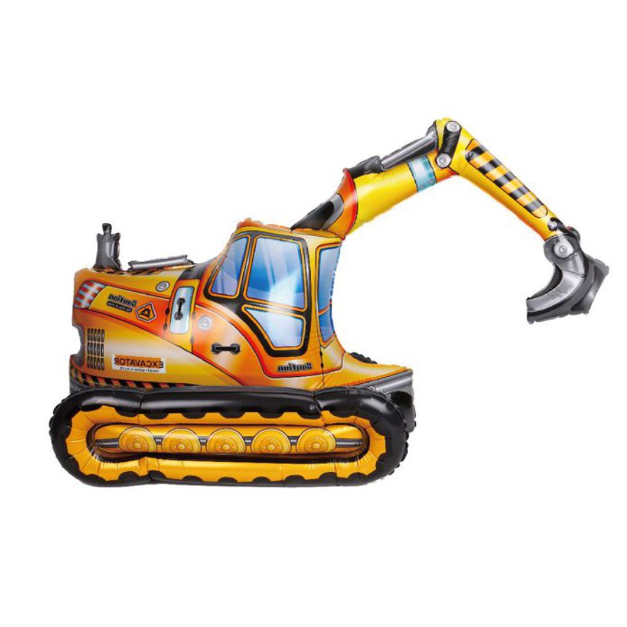 Balão em forma de escavadora amarela e laranja com detalhes e textos