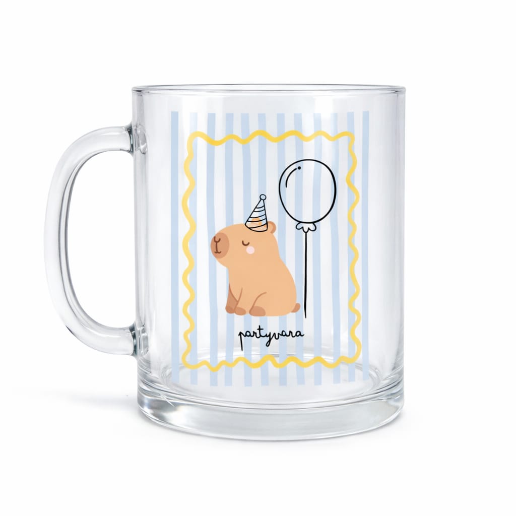 Caneca de vidro transparente com urso e balão desenhados