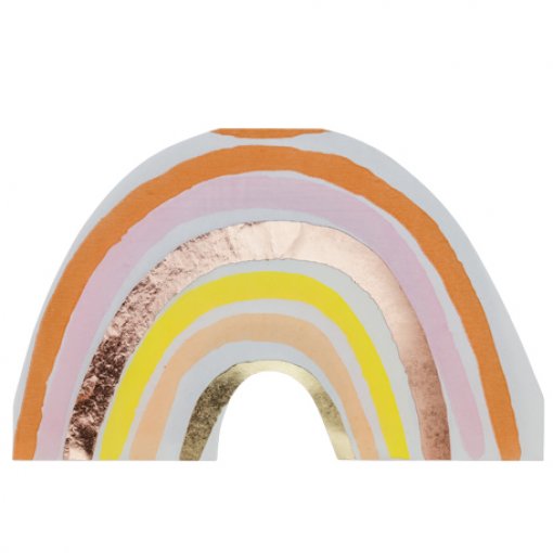 Arco-íris estilizado com arcos em laranja, rosa, dourado metálico, amarelo e bege