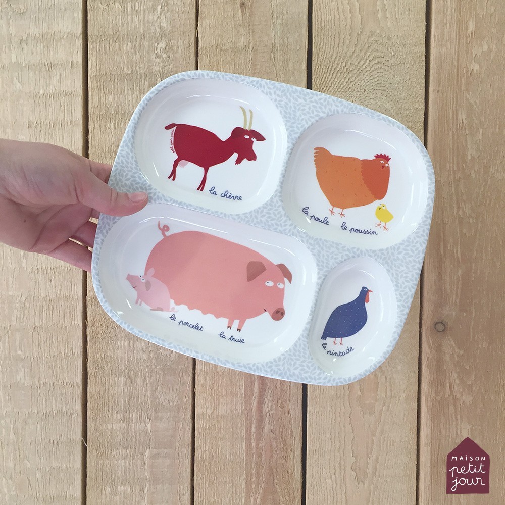 Tabuleiro infantil em melamina com compartimentos e ilustrações de animais de quinta coloridos