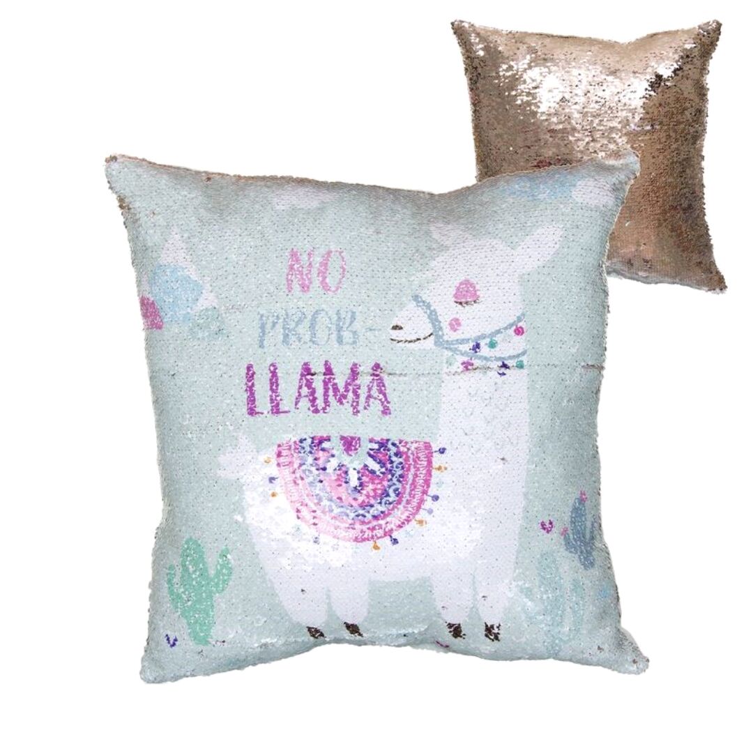 Almofada quadrada com lantejoulas reversíveis e padrão de lhama com texto.