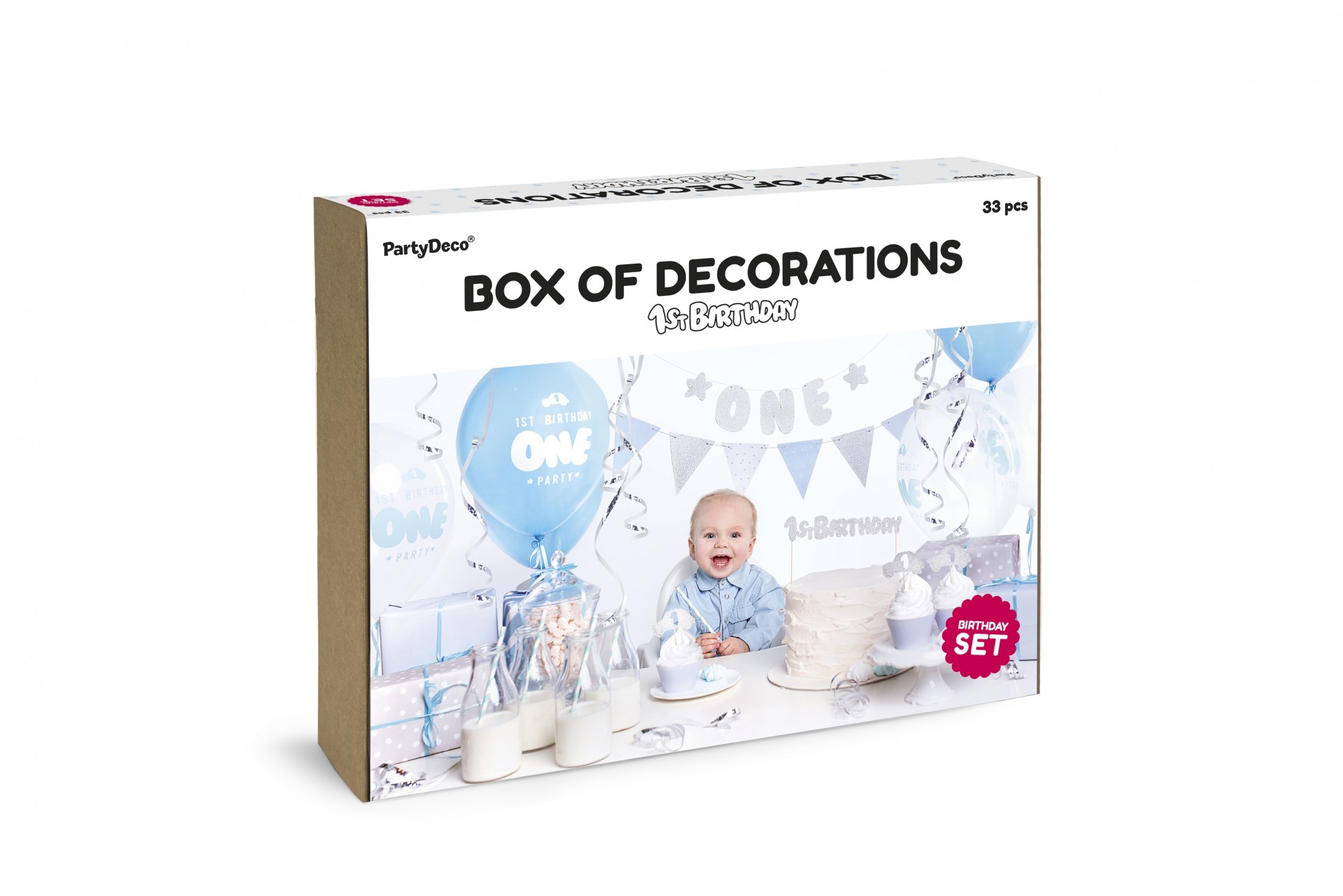 Caixa de decorações para festa de 1º aniversário com balões azuis e decoração temática.