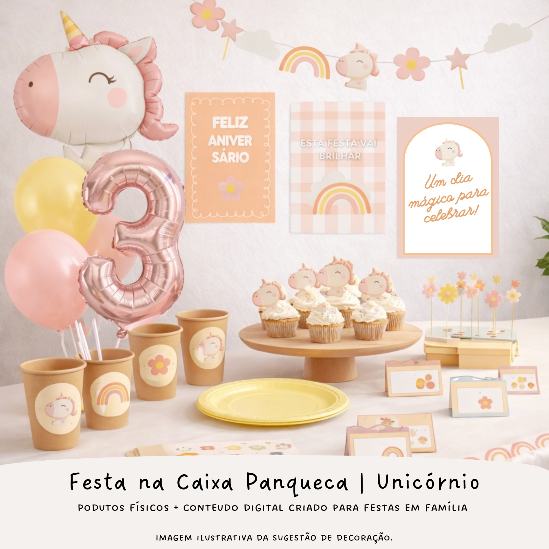 Decoração infantil unicórnio com balões, cupcakes, copos e cartazes em tons pastel
