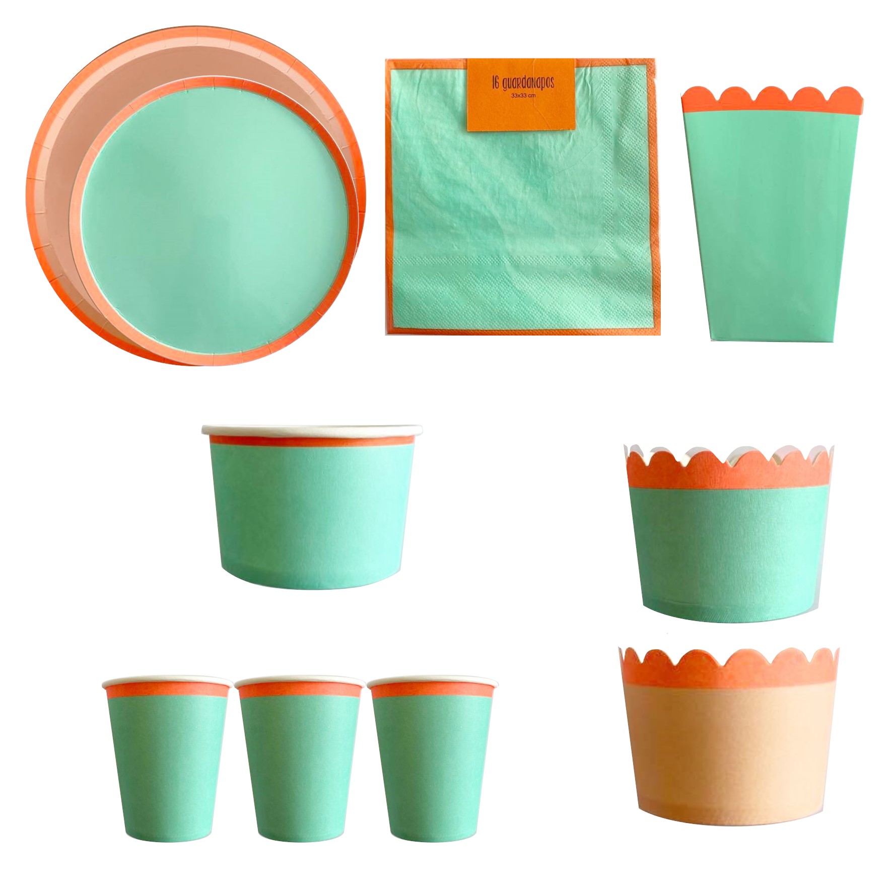 Conjunto para festa em papel verde água e laranja com vários tipos de recipientes e guardanapo