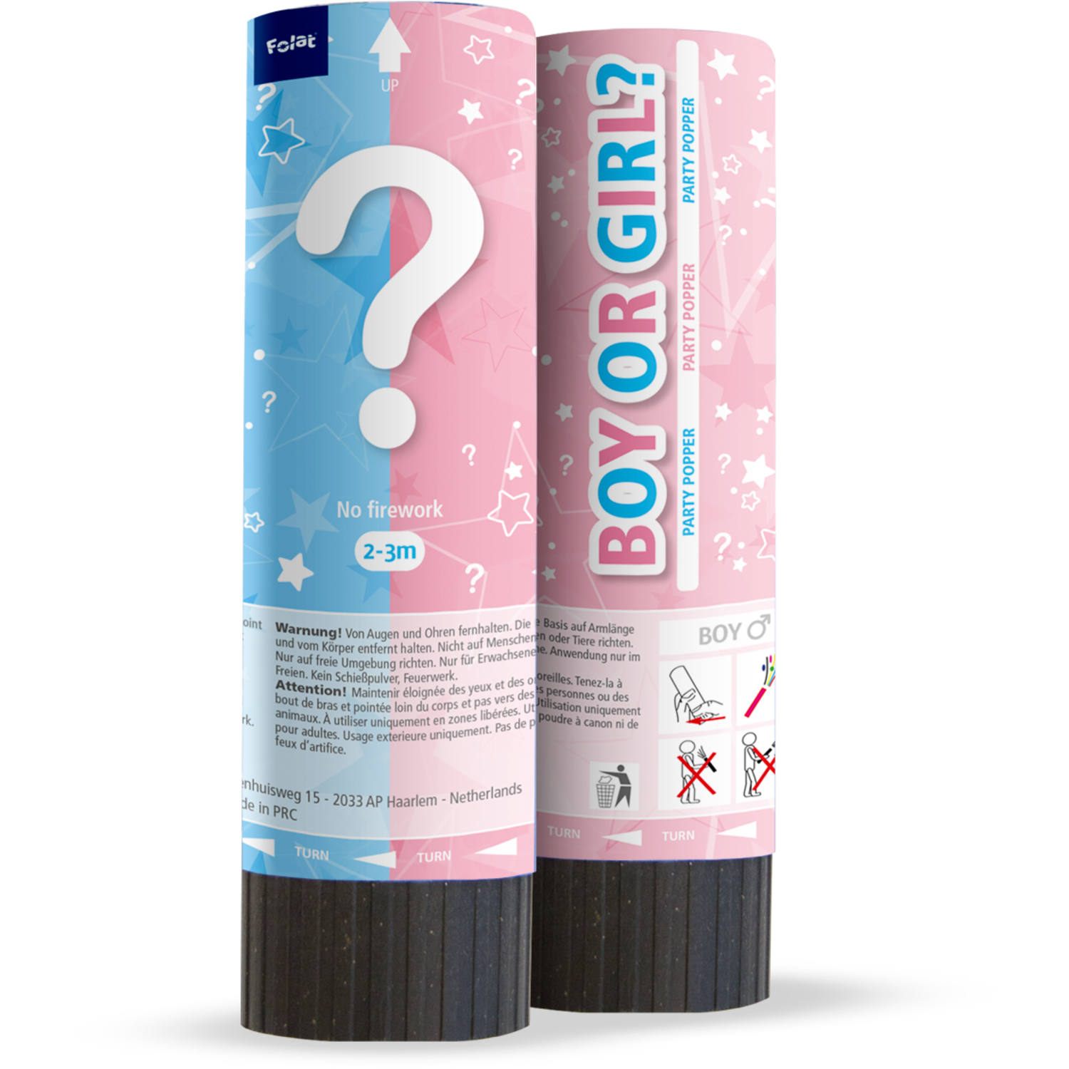 Dois tubos cilíndricos para festa em azul e rosa com texto e estrelas.