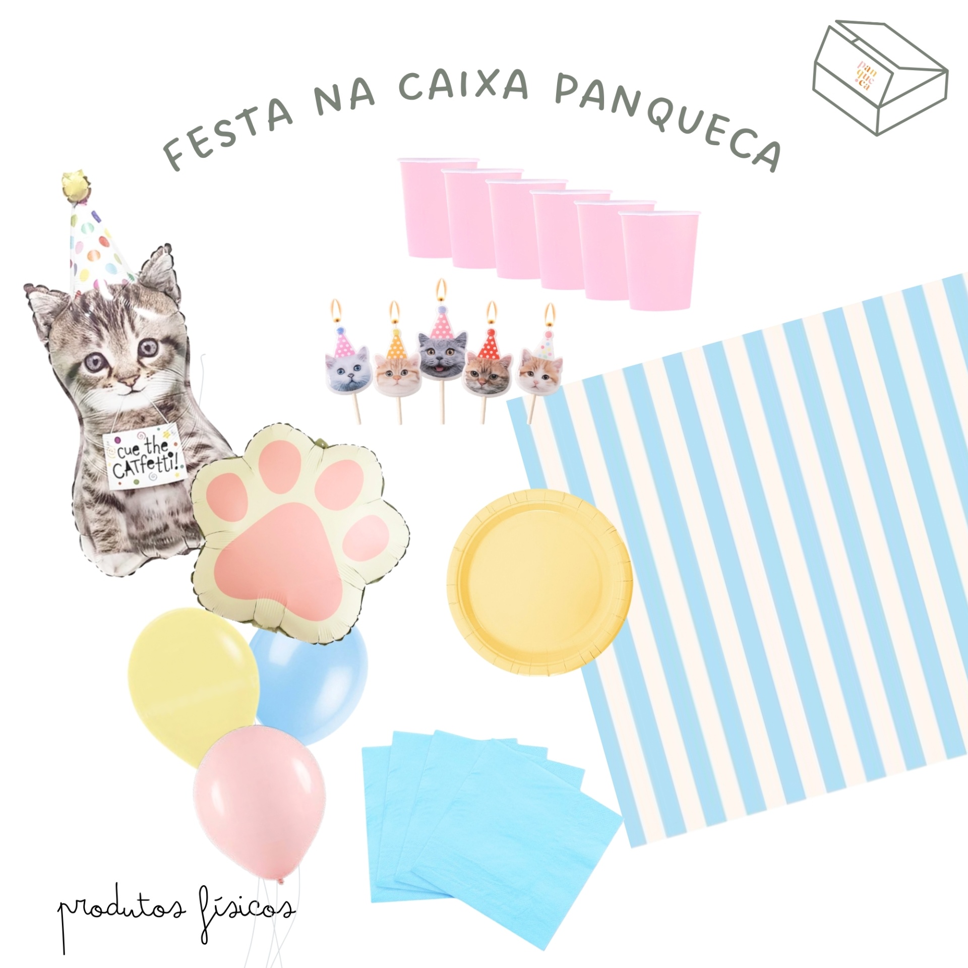 Kit de festa com balões, copos, velas de gatos, pratinhos, guardanapos, almofada pata e pano riscas azul e branco