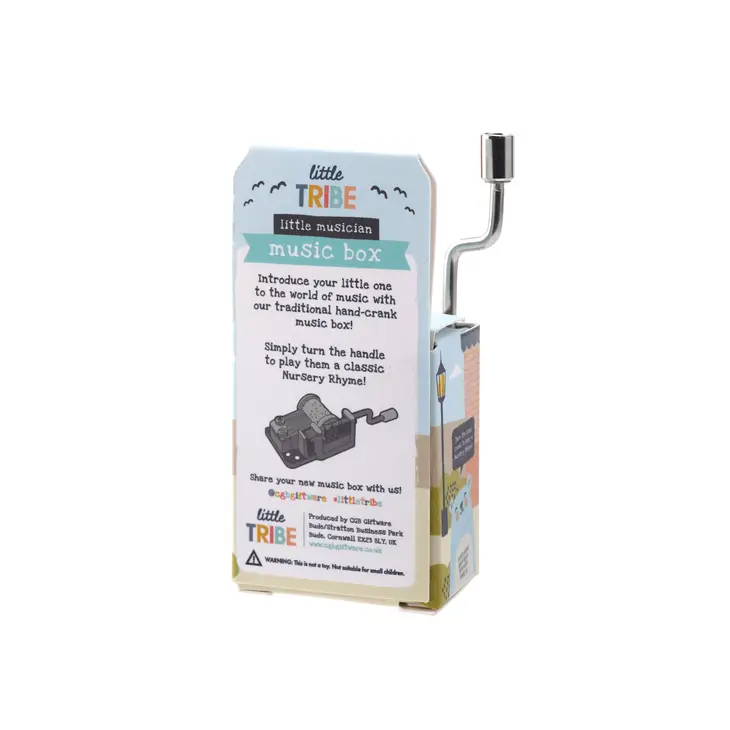 Caixa de música manual little TRIBE em embalagem branca com texto colorido e manivela metálica