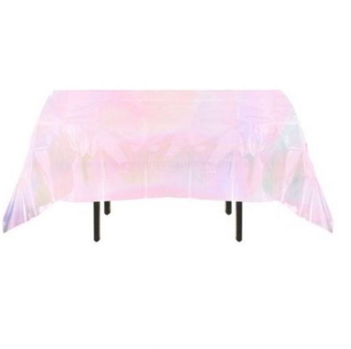 Toalha de mesa plástica iridescente rosa e lilás sobre mesa com pernas pretas