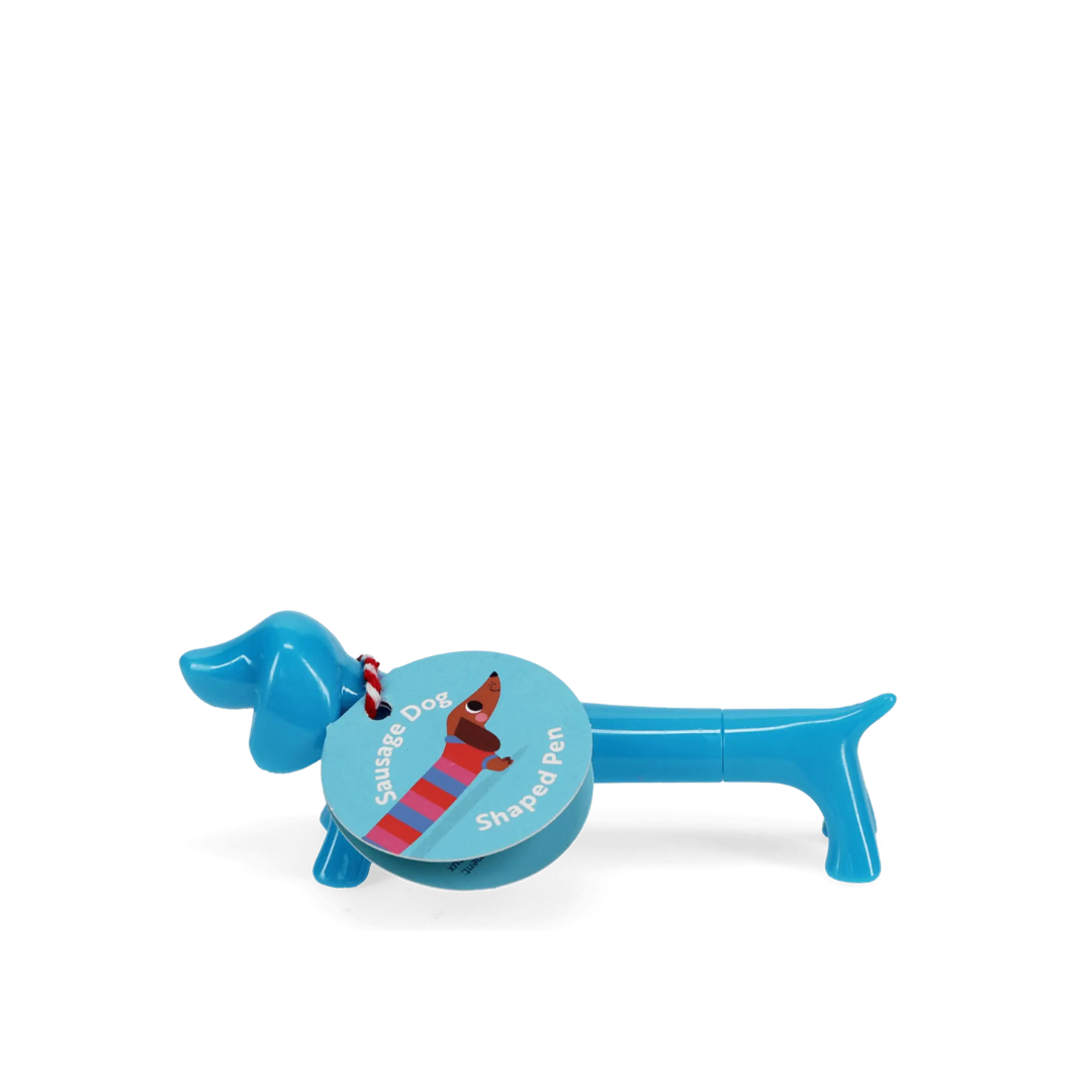 Caneta azul em forma de cão salsicha com etiqueta azul