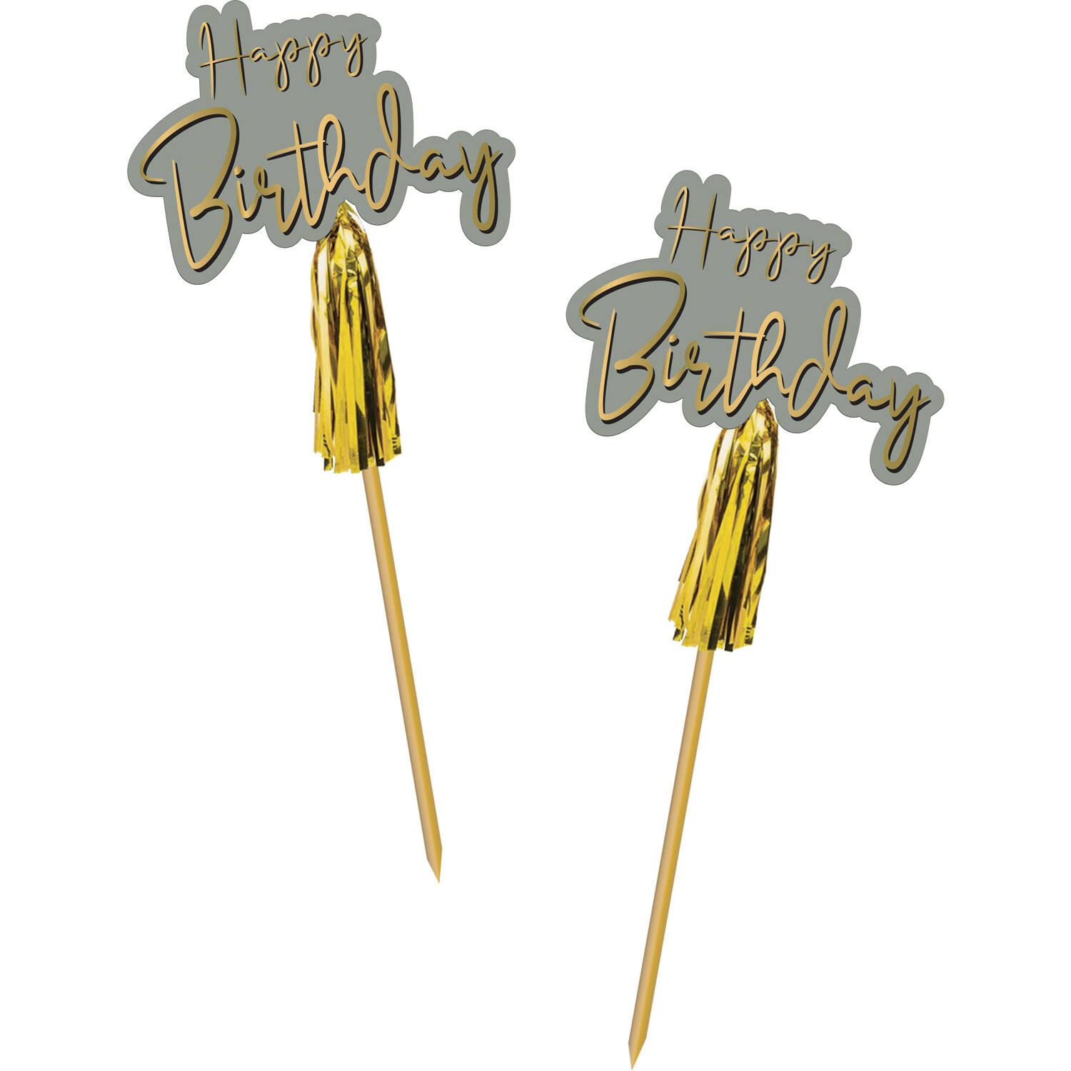 Topper para bolo com mensagem 'Happy Birthday' em dourado e franjas douradas
