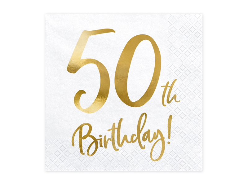 Guardanapo de papel branco com texto dourado 50th Birthday