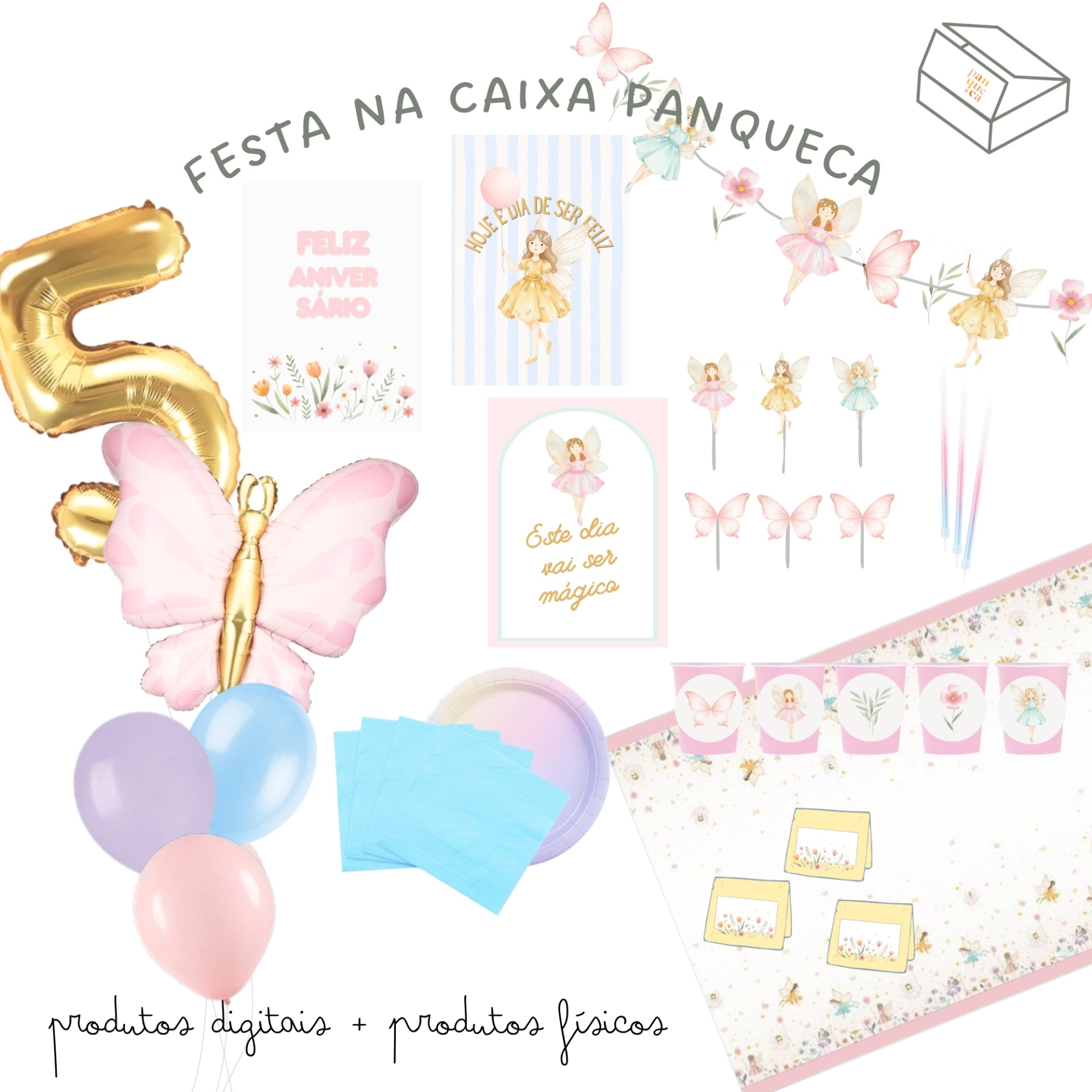 Conjunto de artigos decorativos para festa infantil com balões, guardanapos, pratos, cartões e fitas temáticas de fada e mensagem de aniversário.