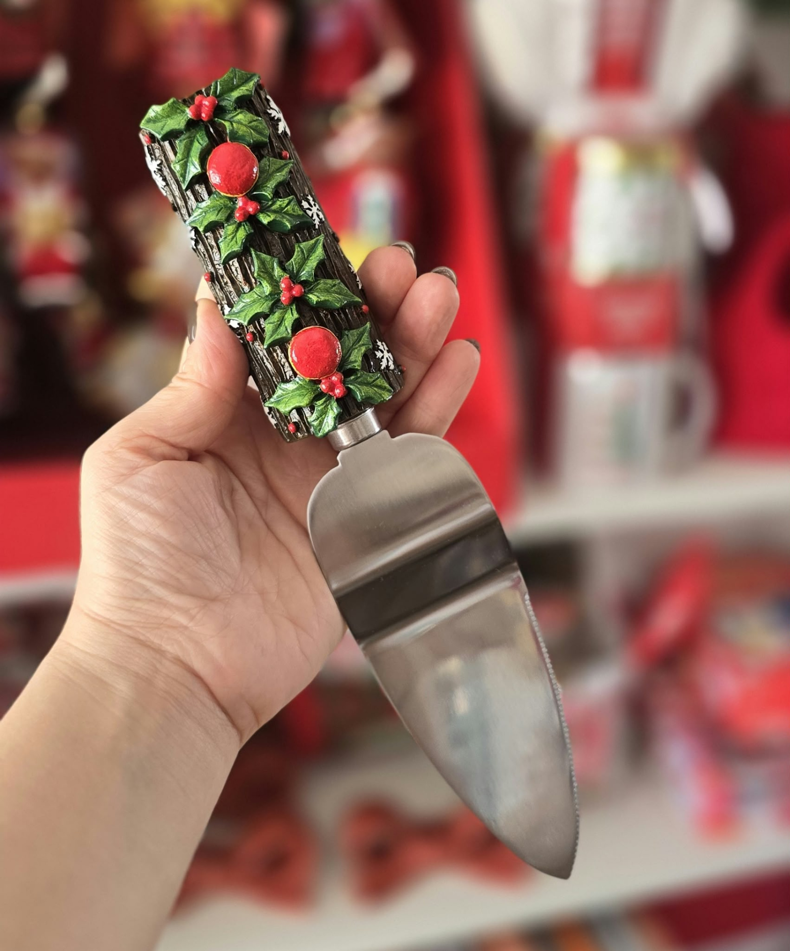 Espátula de bolo com cabo natalício de azevinho e bagas vermelhas