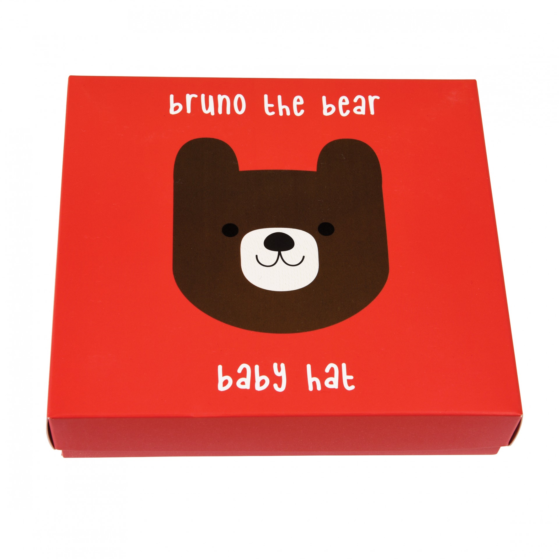 Caixa vermelha com desenho de urso e texto 'bruno the bear baby hat'