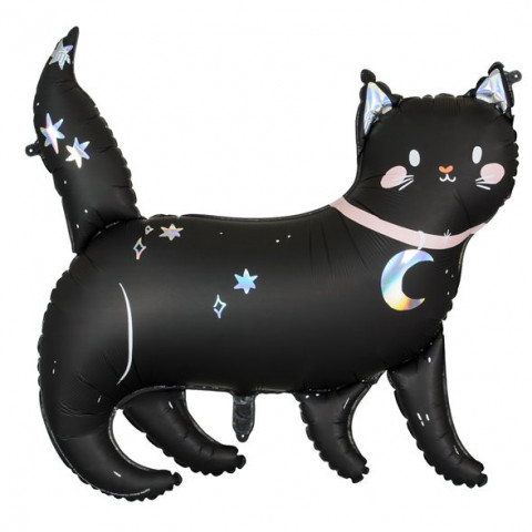 Balão de alumínio formato gato preto com estrelas e lua