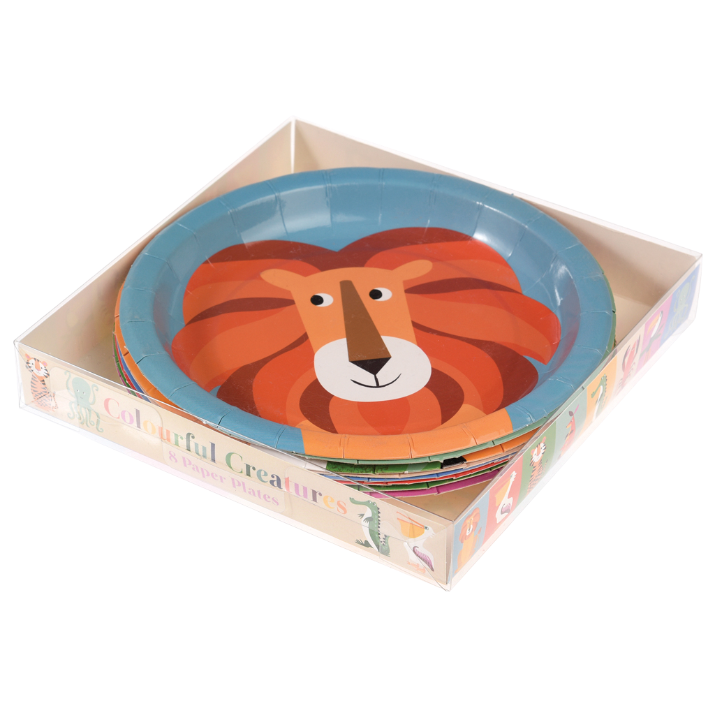 Pratos de papel coloridos com ilustração de leão numa caixa branca
