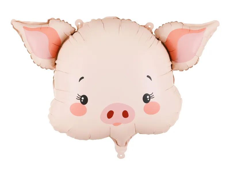 Balão em forma de cabeça de porco cor-de-rosa com olhos e orelhas destacadas.