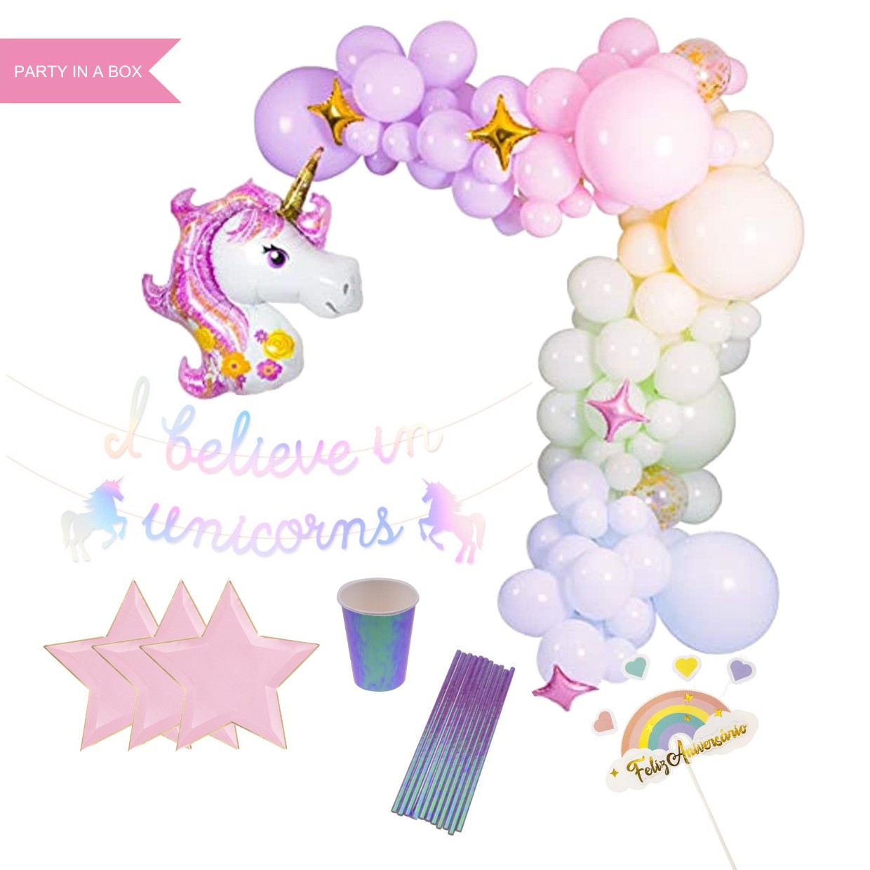 Decoração de festa com balões pastel e tema unicórnio