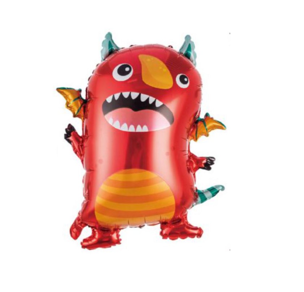 Balão de dragão vermelho com barriga laranja às riscas e asas amarelas