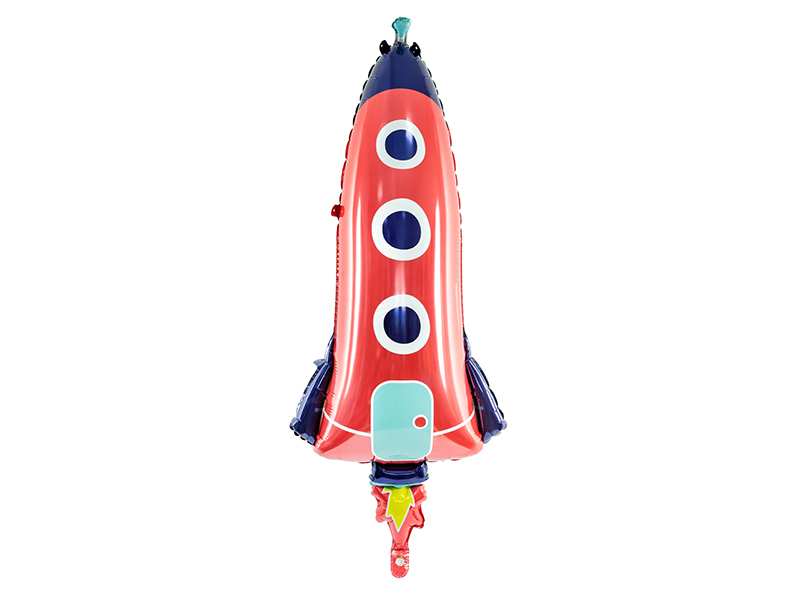 Balão inflamável em forma de foguetão vermelho e azul com círculos brancos.