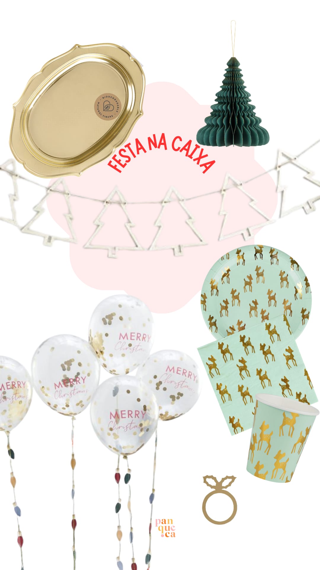 Conjunto de artigos para festa natalícia com veados dourados, balões, prato dourado e decoração de árvore