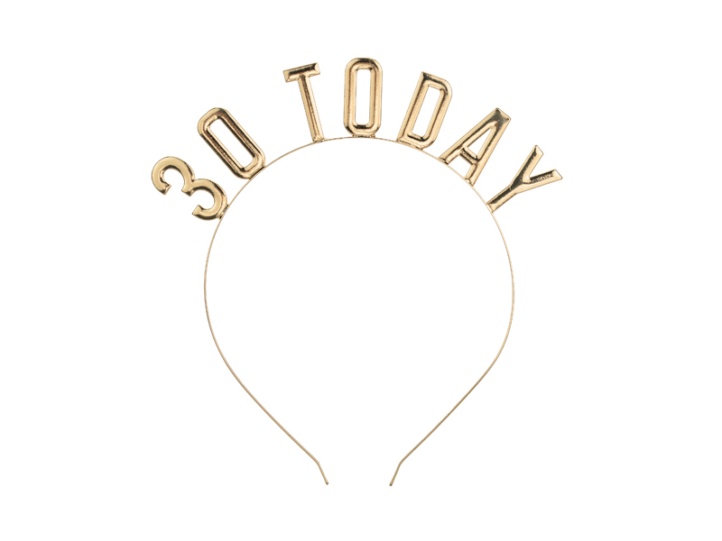 Tiara dourada com texto '30 TODAY'