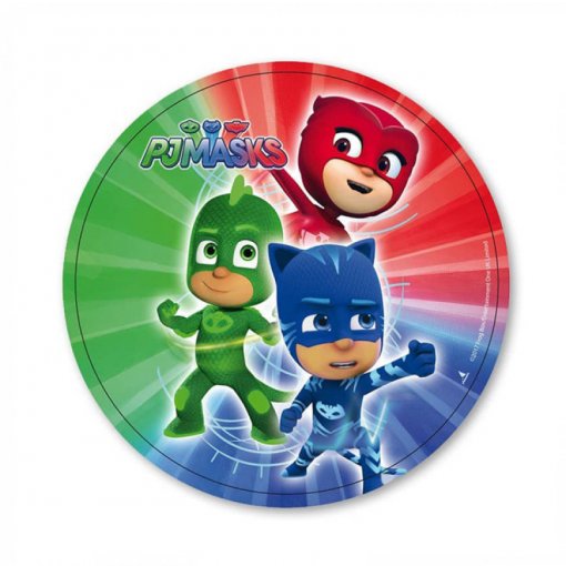 Prato redondo com personagens PJ MASKS coloridos e texto PJ MASKS