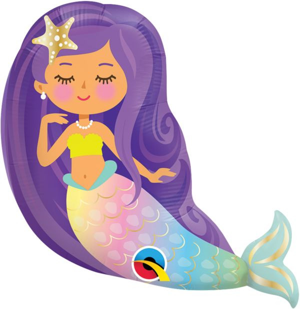 Boneca sereia colorida com cabelo roxo e cauda com padrão de escamas