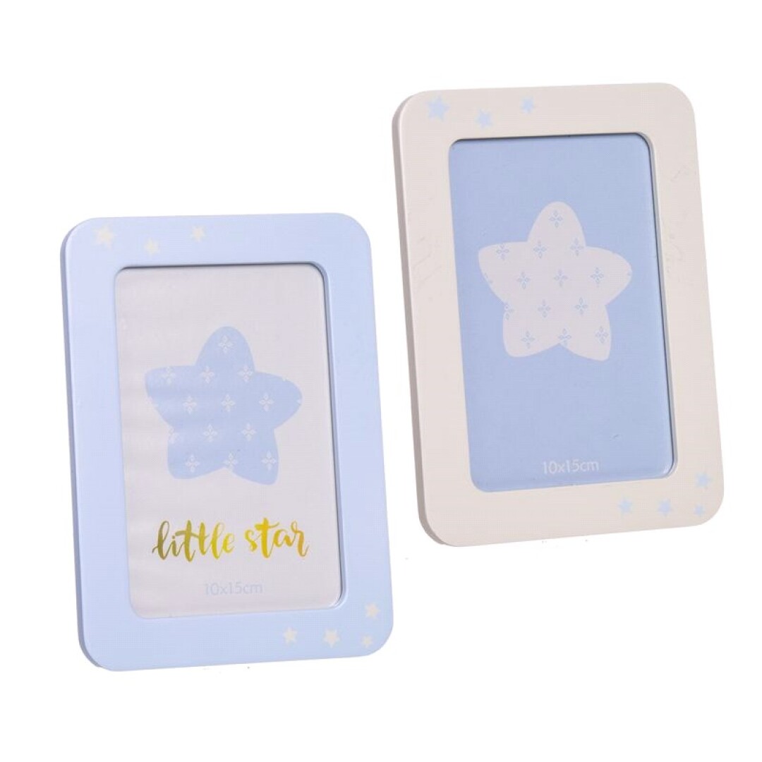 Dois porta-retratos em tons azul e branco com estrelas e frase 'little star'
