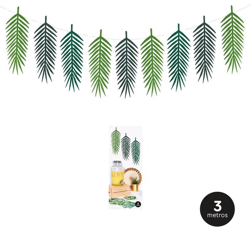 Decoração pendente com folhas verdes alternadas e indicação de 3 metros