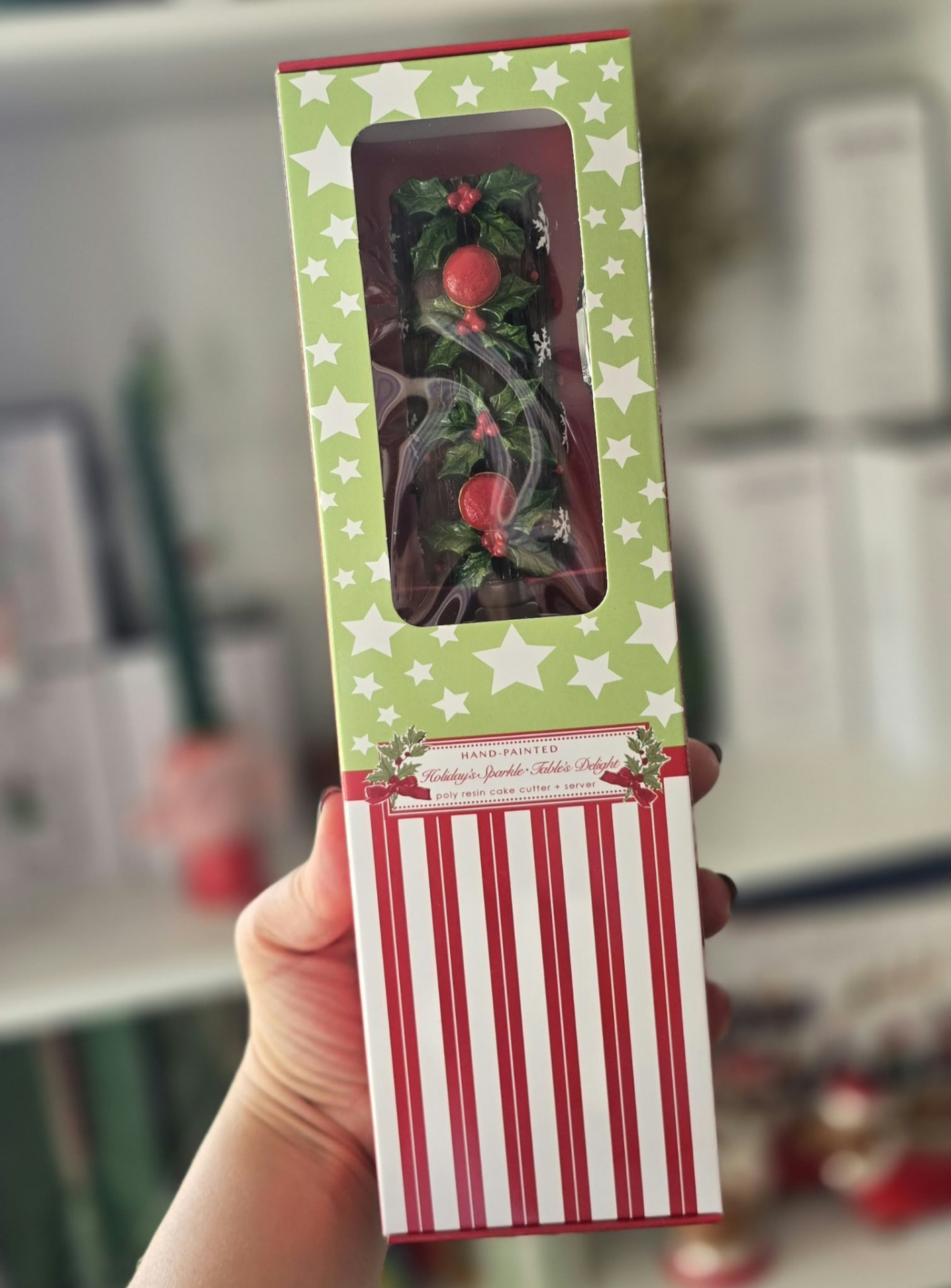 Embalagem com faca para bolo decorativa com tema de Natal em resina pintada à mão