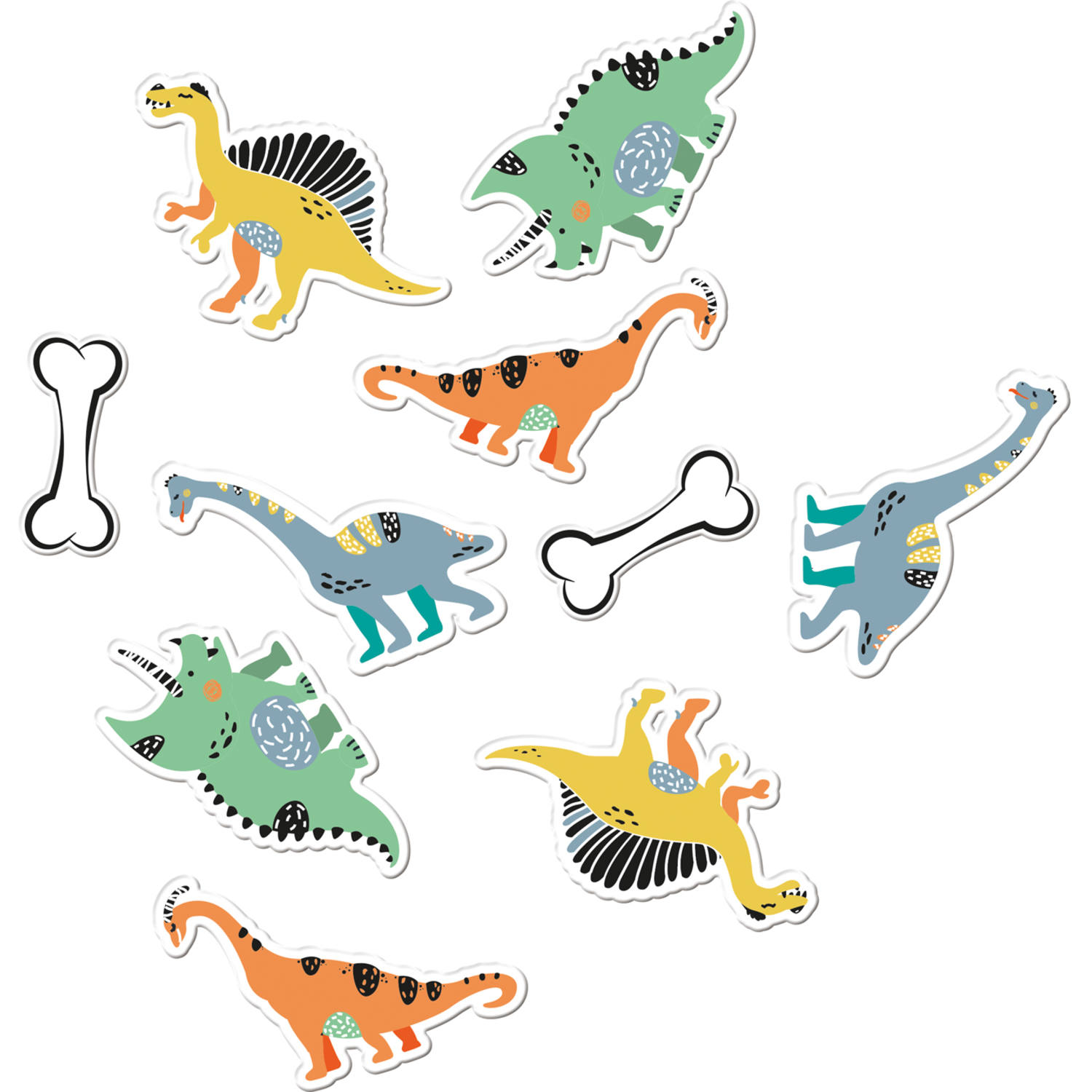 Autocolantes de dinossauros coloridos e ossos sobre fundo branco
