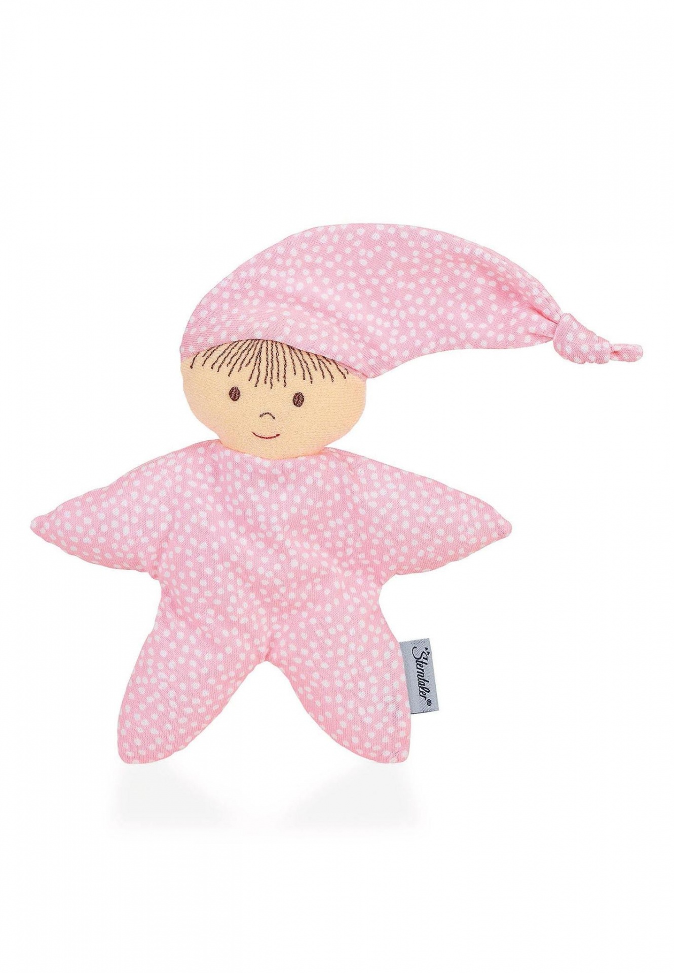 Boneco de peluche rosa com padrão de flores brancas e rosto bordado.