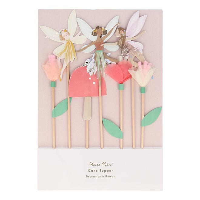 Cake toppers de fadas e flores em madeira e papel, em cartolina rosa