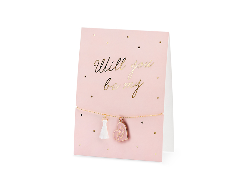 Cartão rosa com texto dourado e pulseira com pendentes branco e rosa