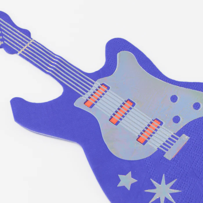 Guitarra elétrica estilizada azul com detalhes em laranja e estrelas